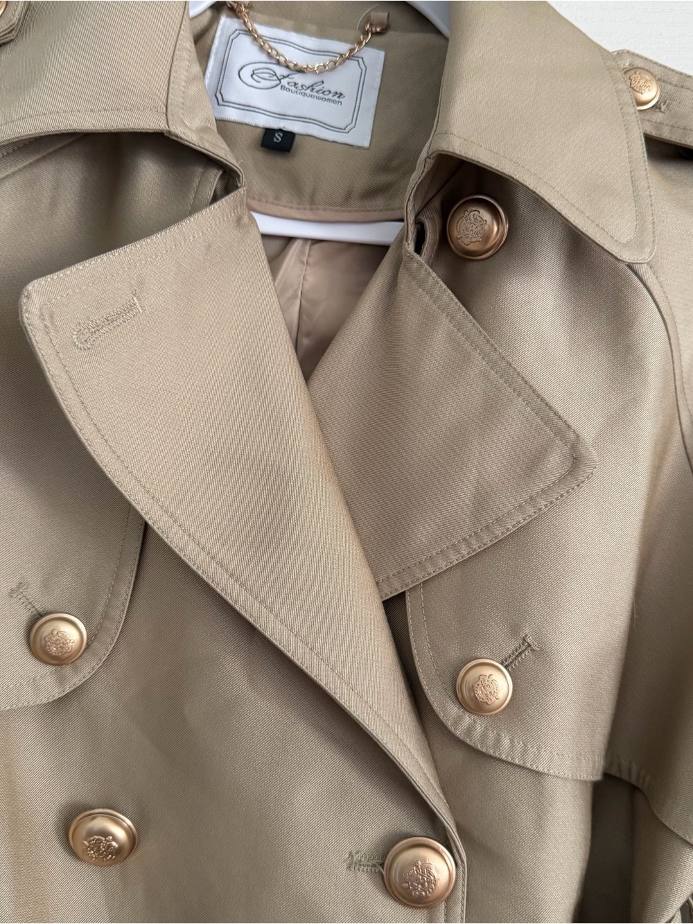 Fashion Boutique Women Trench Coat Beige Double Breasted Belted Khaki Small S